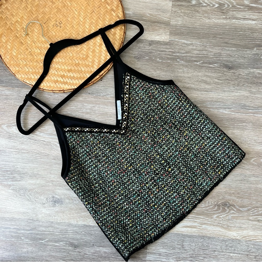 Zara faux suede tweed front sleeveless top